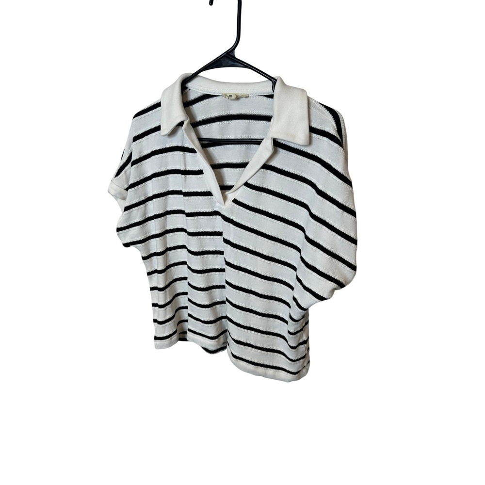 Madewell Womens Striped Short Sleeve Sweater Polo White Black Cotton Small S